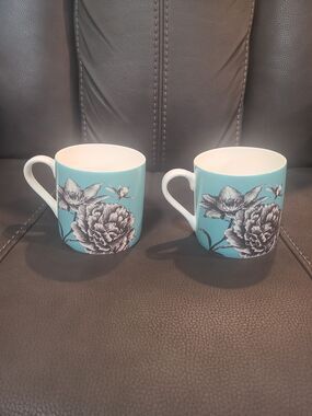Set of 2 Portobello Inspire Teal Floral Butterfly Coffee Tea Mugs Ceramic